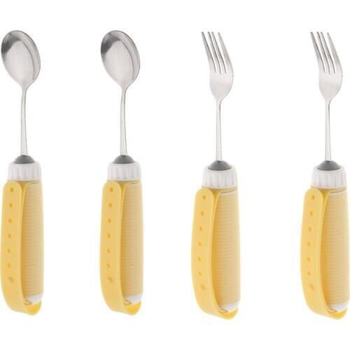 4 Pcs Anti Slip Strap Handle Stainless Steel Plastic Arthritis Elderly Adaptive Utensil Eating Aids Spoon Fork Set Yellow