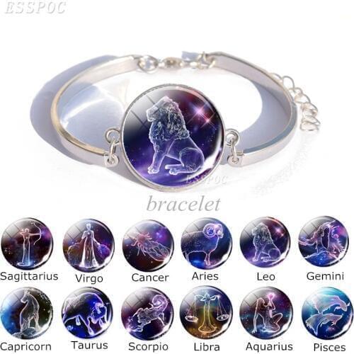 12 Constellation Bracelets Glass CabochonSilverColour Charm Bracelet Fashion Zodiac Sign Bangle Jewelry for Women Birthday Gifts