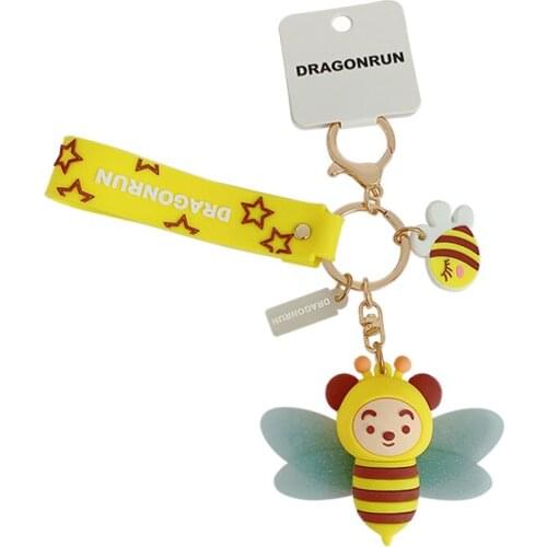 Cartoon Bees Anime Insect Honey Keychain For Women Rubber Trinkle Key Ring Chains Car Bag Charm For Girl Boy Gift D825
