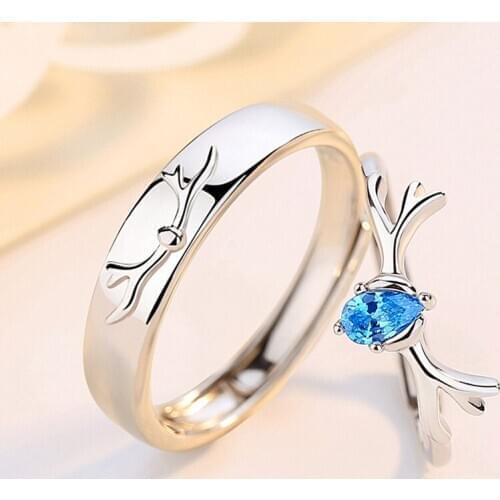 BUDROVKY 925 Sterling Silver Adjustable Rings Deer Horn Zircon Couples Rings For Women Men Engagement Wedding Jewelry Gifts