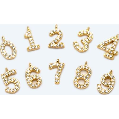 Gold Number Charms, CZ Paved Number Charms, Anniversary Birthday Number Beads For DIY Jewelry Making Accessories (GB-1652)