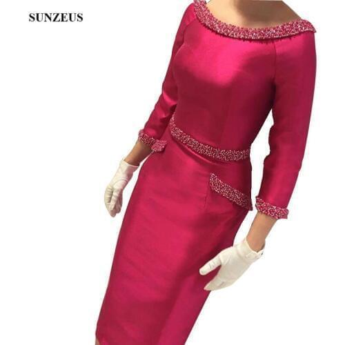 Elegant Satin Sheath Tea Length Mother of Bride Dress 2019 Scoop Three Quarter Sleeves Beading Woman Formal Wedding Party Gown