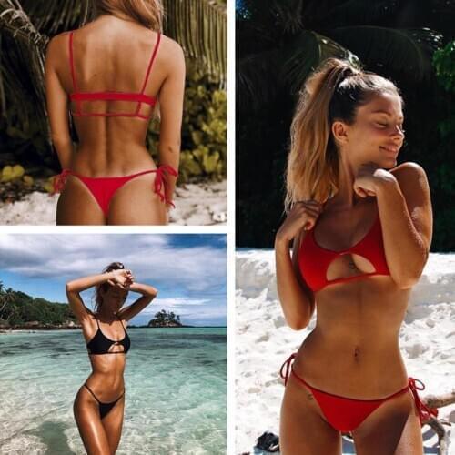 Scoiry 2018 Bikini Set Sexy Swimwear Swimsuit Hollow Out Bathing Suit Women Push Up Bikini Solid Black Red Maillot De Bain Femme