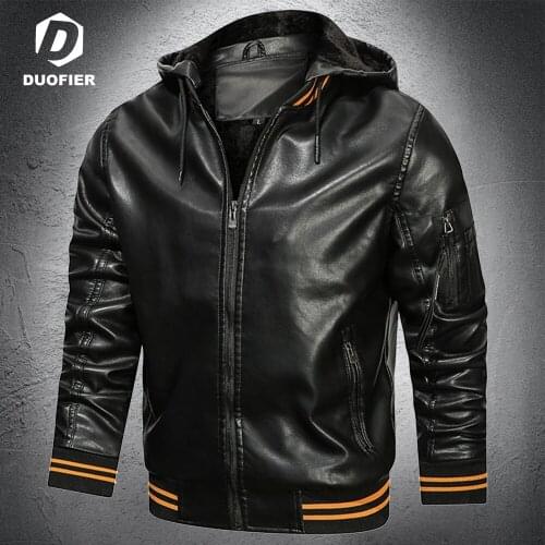 Top Quality Mens Jacket PU Leather Hooded Coat Moto Biker Casual Varsity Jackets Men Fashion Zipper Pocket Autumn Winter Coats