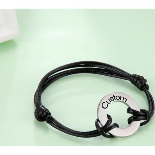 Lemegeton Circle Name Bracelet Men Women Stainless Steel Engraved Family Couple Name Leather Bracelets Punk Jewelry Accessories