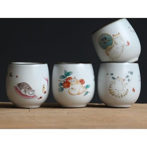 LUWU White Ceramic Tea Cup Cute Cat Chinese Kung Fu TeaCups 100ml
