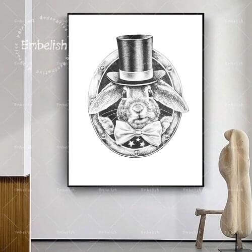 1 Pieces Cartoon White Rabbit In A Black Hat And A Bow Tie Wall Posters Kids Childrens Living Room Pictures Home Decor Paintings