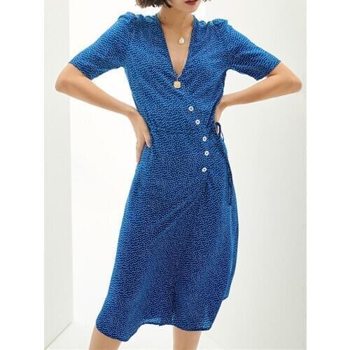2019 New Women Chic Wrap Dress Summer Polka Dot Print Short Sleeve Side Buttons Sweet Slim Midi Dress