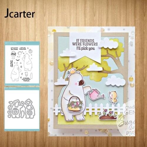 New Bear Flower Basket Shower Metal Cutting Dies and Clear Stamps Craft Stencil for Scrapbooking Album Paper Make Template Decor