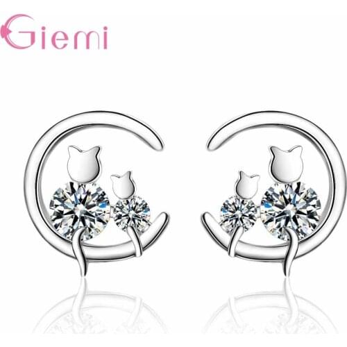 New Korean 925 Sterling Silver Moon Cats Stud Earrings For Women Piercing Simple Brilliant Cubic Zirconia Jewelry