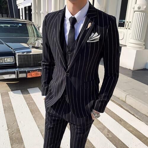 Jacket + Vest + Pants ) Formal Black Striped Mens Business Suit 3-piece Set Groom Wedding Dress Double Breasted Suit
