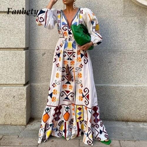 Elegant Lantern Sleeve Maxi Dresses Fashion Sexy V Neck Lace-up Tassel Beach Party Dress Women Vintage Printed Ruffle Long Dress