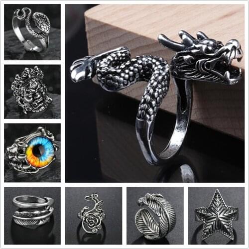 Adjustable Vintage Punk Dragon Ring Men Alloy Biker Rock Rap Embrace Snake Feather Ring Gothic Valentines Day Gift