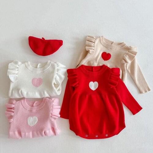Spring Autumn Infant Baby Girls Loving Heart Fly Sleeve Rompers Clothing Kids Girl Long Sleeve Knit Rompers Clothes