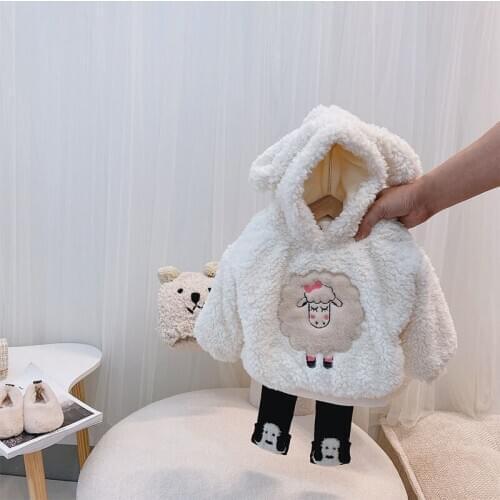 Girls Lamb Hooded Sweater Hoodie Winter 2020 Embroidery Plush Baby Girl Sweaters Pullove Warm Toddler Girl Clothes