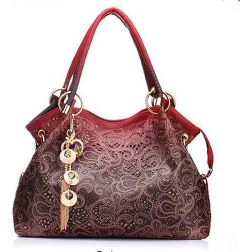 Women Shoulder Bag Hollow Out Ombre Handbag Ruched Floral Print Tote Ladies Sequined Pu Leather Bag For Women