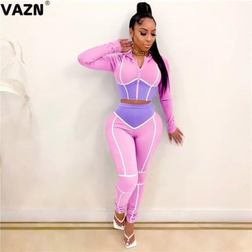 VAZN 2020 Sport Gym Fitness Women Casual Striped Outfit Two Pieces Set Full Sleeve O-neck Full Pant Sport Running Sets