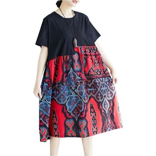 Oversize Women Cotton Linen Dress Summer Printed Short sleeves Splice A-line Dress Plus size XXL-5XL Loose Cozy Long Dress G920