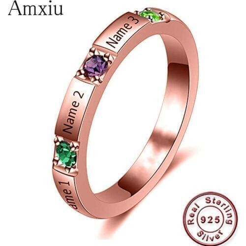 Amxiu Custom 925 Sterling Silver Ring Engrave Three Names with Birthstones Rings For Women Mothers Day Anniversary Gift Bijoux