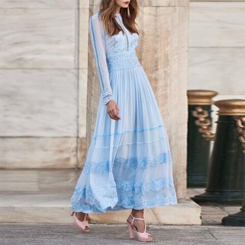 Womens Dress 2021 New Heavy Industry Sky Blue Lace Chiffon Long Sleeve High Quality Temperament Long Dress