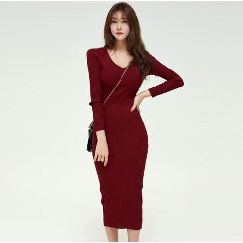 Autumn Spring Knitting Dress Women Long Sleeve Sexy V-neck Knitted High Waist Good Elastic Elegant Korean Office Lady Vestido