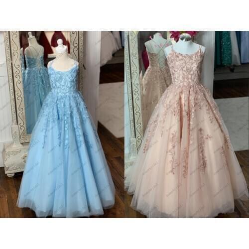 2021Chic Baby Blue Real Photo Lace Applique Flower Girl Dresses for Wedding Party Birthday First Communion Dress with Straps