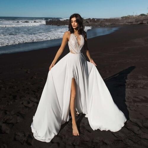 A-line Beach 150D Chiffon Beach Wedding Dress Front Slit with Lace Applique Bridal Dress vestido de noivas