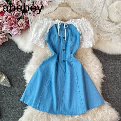 2021 New Summer Temperament slash neck puff sleeve Dress waist fake two piece stitching denim Dress
