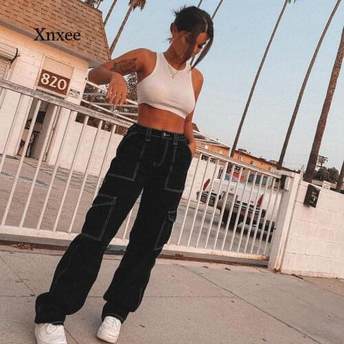 Spring and Autumn High Waist Jeans Womens Wide Leg Denim Street Wear Solid Color Fashion Harajuku Pocket Straight Overalls