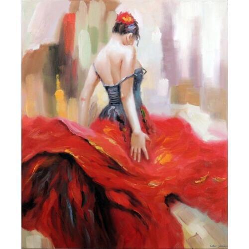 Handmade art oil painting Flamenco Dancer Spanish Gypsy Bright Red Dress Brunette Flower Hair portrait woman for bedroom decor