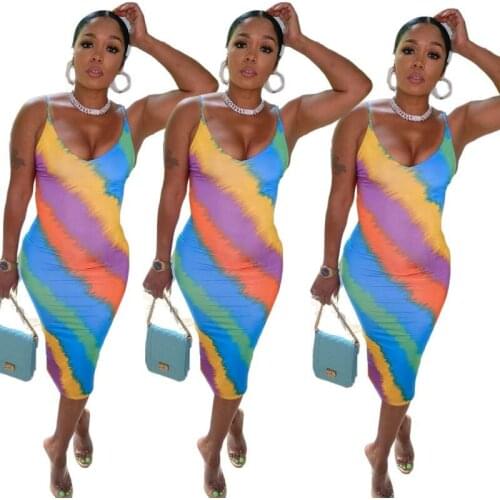 Colorful Striped Print Sweet Girl Birthday Outfits For Women Dresses Summer 2021 New Arrival Holiday Party And Club Midi Dress