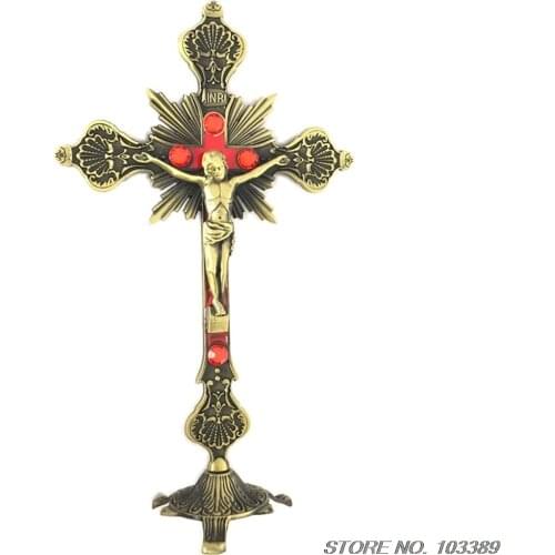 Antique bronze plated Church Metal Stones Cross,Lord Jesus Christ, standing crucifix, church decoration,catholic cross