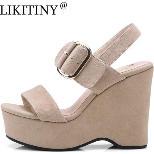 LIKITINY 2021 Summer Fashion High heels Womens shoes Elegant Buckle strap Wedges Ladies Black Nude platform Sandals Size 33