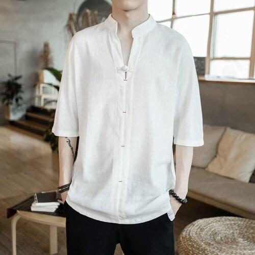 Chinese Style Button Linen T-Shirt MenS Summer Short-Sleeved Tang Shirt Loose Large Size T-Shirt Japanese Kimono Men New 30054