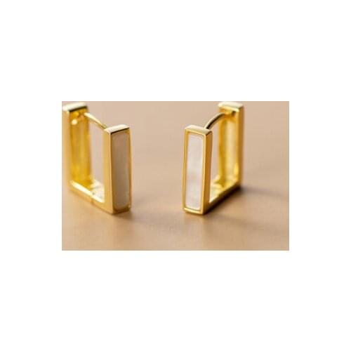 Small 18K Gold Authentic Real. 925 Sterling Silver jewelry Shell Square hoop huggie earrings C-G8378