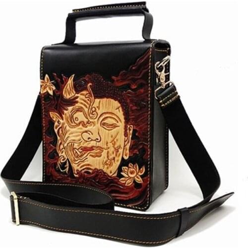 Handmade Men Vegetable Tanned Leather Carvings Between Good and Evil Bag Money Holder Purse Pocket Man Clutches Envelope