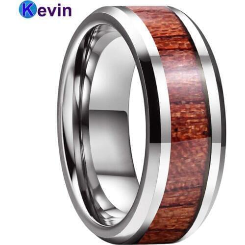 Men Women Tungsten Carbide Ring Wedding Band Beveled Polished With Rosewood Inlay 8MM Comfort Fit