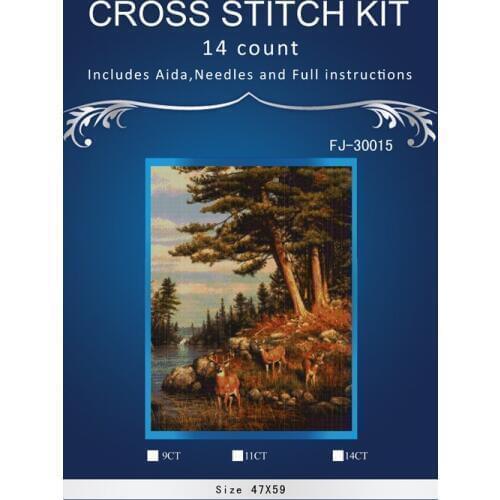 N deer at river side,Counted Cross Stitch 14CT Cross Stitch Sets Wholesale cartoon Cross-stitch Kits Embroidery Needlework