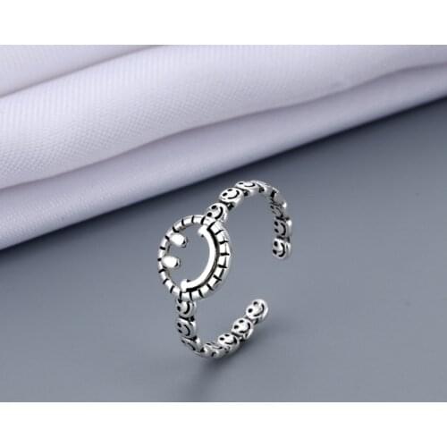 New Vintage Ancient Silver Color High Quality Happy Smiling Face Open Rings for Women Hip Hop Adjustable Ring Fashion Jewelry