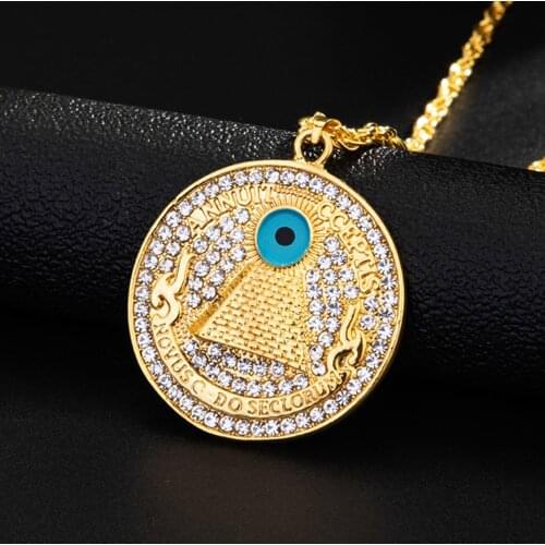 Hip Hop Classic Iced Out Egyptian Pyramid Eye of Horus Pendant Necklace Iced Out Gold Color With Long Link Cain Goth Jewelry