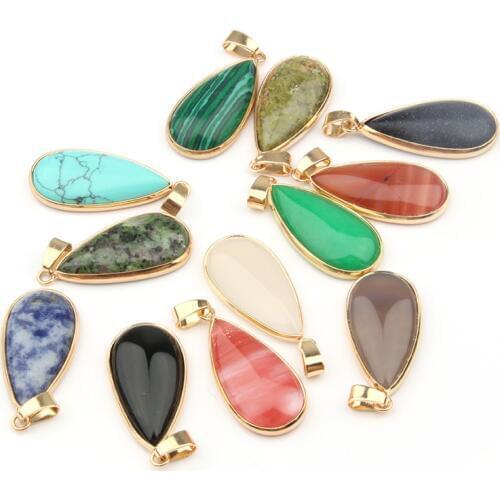 Natural Stone Pendant Water Drop Shape Pendants Agates/ RoseQuartz/Tiger Eye Charms for Necklaces Jewelry Making 3.6*1.9*0.7cm
