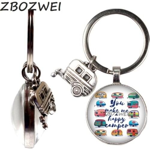 Happy Camper Cute Travel Car Double Face Keychain Glass Cabochon Jewelry Glamping Goddess Traveler Gift Key Chain Pendant I Camp