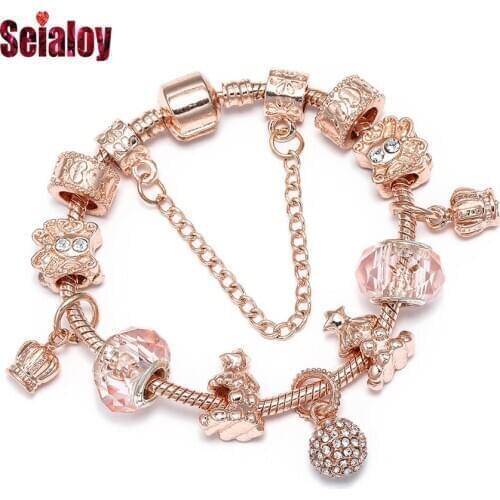 Seialoy Rose Gold Shiny Crystal Butterfly Beaded Pavé Ball Crown Charm Bracelets For Women Original Fine Christmas Bracelet Gift