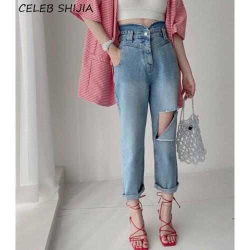 SHIJIA Blue Vintage Jeans Woman High Waist Hole Loose Straight Leg Pants Woman Denim Korean Street Y2k Baggy Jeans Mom Fall