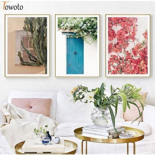 Mediterranean Floral Canvas Painting Living Room Nordic Pink Landscape Cactus Botanical Wall Art Decoration Picture Home Decor