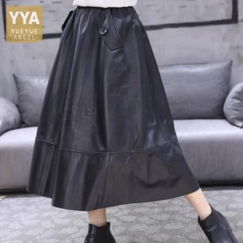 Harajuku Genuine Leather Skirt Women Loose Elastic High Waist Umbrella Skirts Fashion Casual Female Black Mid-Calf A Line Skirts
