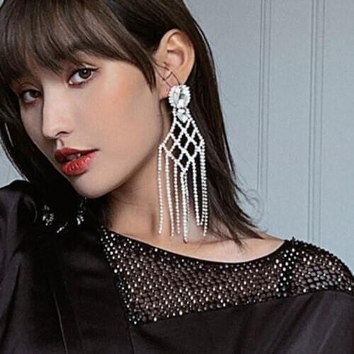 Trendy Long Grid shape Woman Pendants Earrings Lrregular Rhinestone Crystal Jewellery Fashion Golden Party Gift