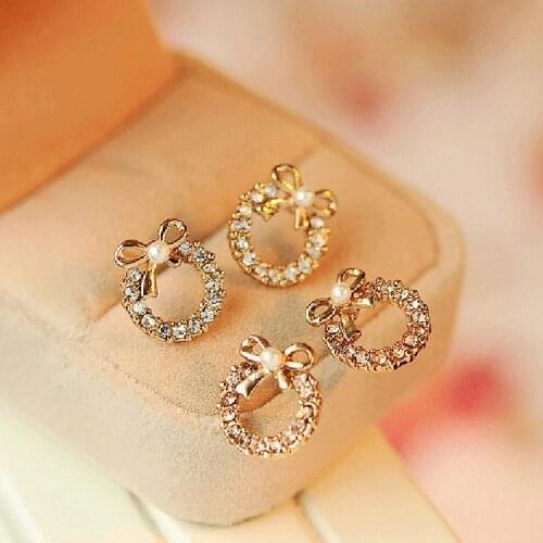 Two Colors Champagne Golden Hollow Crystal Golden Bow Simulated Pearl Stud Earrings Fashion piercing Jewelry for Women