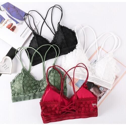 Womens Sexy Lace Deep V Bra Wireless Lingerie Beauty Back Embroidery Thin Cup Brassiere Cros Strap Ladies Bra Push Up Underwear