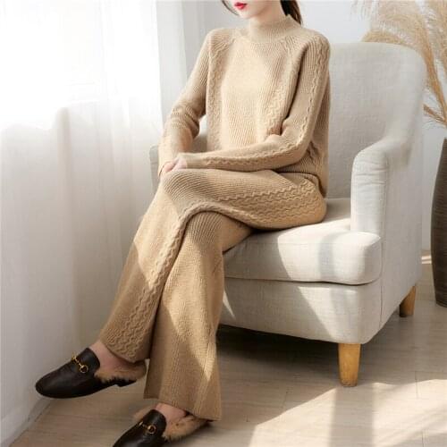 2021 spring Autumn Knitted 2 Piece Set Fashion Women Cashmere Thicked Warm Pullover Sweater Elastic Waist Wide Leg Pants Suit